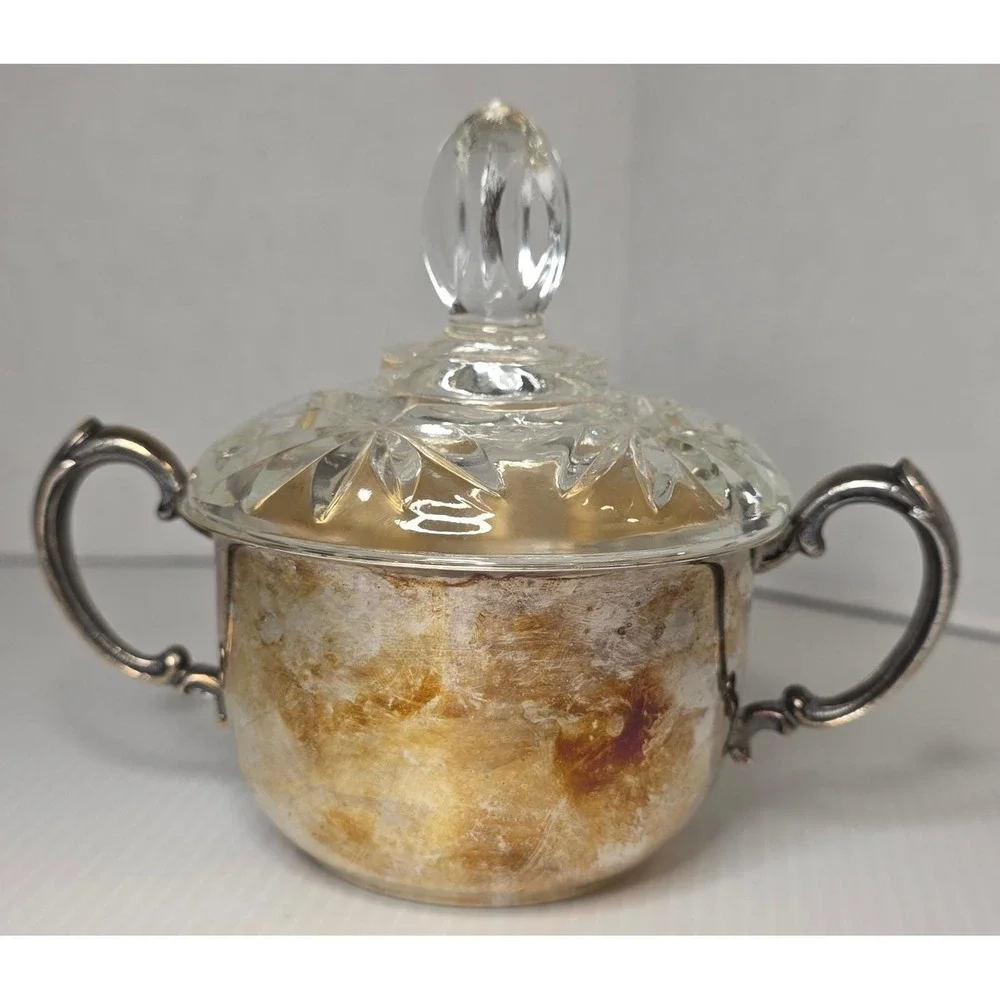 Sheridan Sugar Bowl OS Silver Fair Vintage Silver Plated Cut Glass‎ Lid